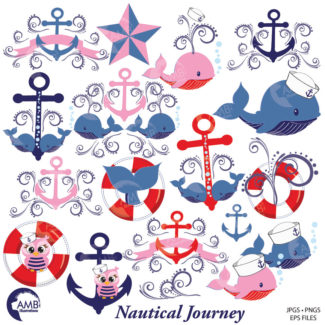 Nautical clipart, Sailing Clipart in Red and and Blue, Whale Clipart, Anchor Clipart, Owl Clipart, Commercial Use,AMB-808