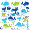 Nautical clipart, Whale Clipart, Blue and green Whale Clipart, Nursery Nautical Clipart, Nautical Clipart, Commercial Use, AMB-1594