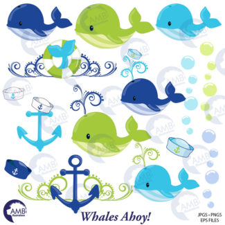 Nautical clipart, Whale Clipart, Blue and green Whale Clipart, Nursery Nautical Clipart, Nautical Clipart, Commercial Use, AMB-1594