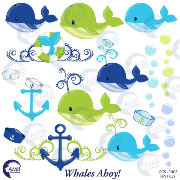 Nautical clipart, Whale Clipart, Blue and green Whale Clipart, Nursery Nautical Clipart, Nautical Clipart, Commercial Use, AMB-1594