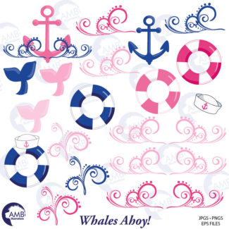 Nautical clipart, Whale Clipart, Pink Whale Clipart, Nursery Nautical Clipart, Nautical Clipart, Commercial Use, AMB-1596