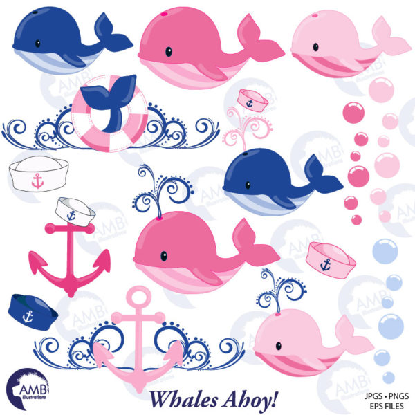 Nautical clipart, Whale Clipart, Pink Whale Clipart, Nursery Nautical Clipart, Nautical Clipart, Commercial Use, AMB-1596