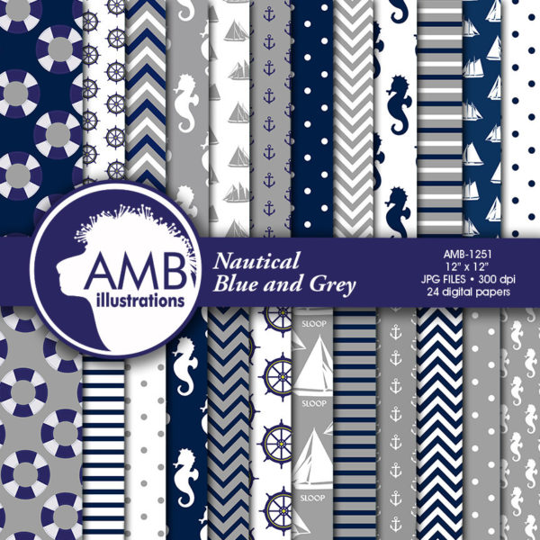 Nautical digital papers, Coastal papers, Nautical scrapbook papers, Blue and Grey Papers,  commercial use, AMB-1251