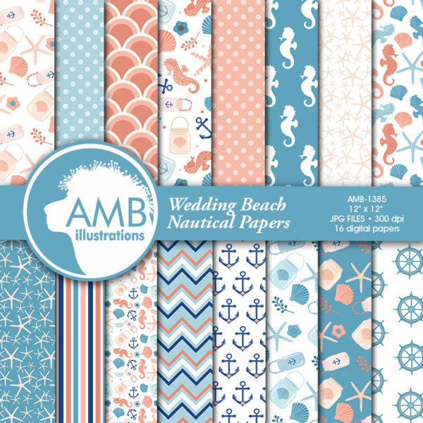 Nautical digital papers, Coastal papers, Nautical Wedding Papers, Beach Wedding Papers, Nautical scrapbook papers, AMB-1385