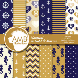 Nautical digital papers in Gold and Marine, Coastal Papers Scrapbook papers, Anchors, seahorses, commercial use, AMB-563