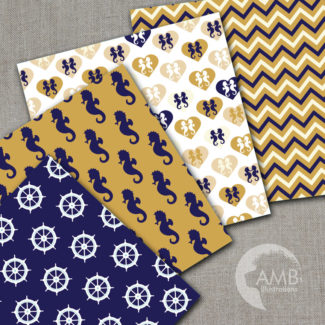 Nautical digital papers in Gold and Marine, Coastal Papers Scrapbook papers, Anchors, seahorses, commercial use, AMB-563