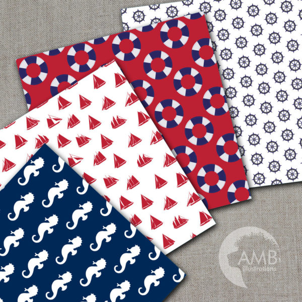 Nautical Digital Papers, Sailing Papers, Seahorse Digital Backgrounds, Sailboats, Nautical scrapbook papers, commercial use, AMB-112