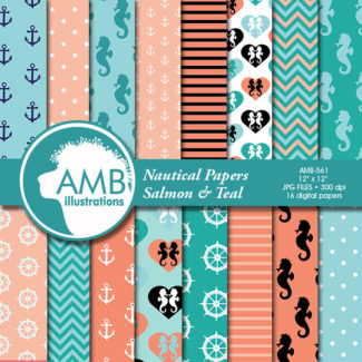 Nautical Digital Papers, Turquoise, Teal and Salmon Digital Paper, Coastal Papers, scrapbook paper, commercial use, AMB-561