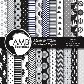 Nautical papers in black and white, Coastal papers in black, Nautical scrapbooking papers, commercial-use, AMB-187