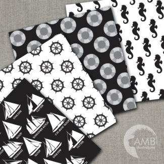 Nautical papers in black and white, Coastal papers in black, Nautical scrapbooking papers, commercial-use, AMB-187