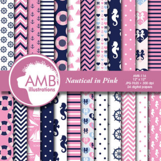 Nautical papers,  Nautical digital papers, Nautical girls, Coastal papers in pink, Nautical scrapbook papers, commercial use, AMB-116