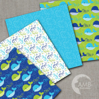 Nautical papers,  Nautical digital papers, Nautical Nursery, Green and blue whales, Boy nursery papers, commercial use, AMB-1595