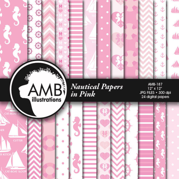 Nautical papers, Pink digital backgrounds, Coastal papers in Pink, Nautical digital Papers, scrapbook papers, commercial use, AMB-188