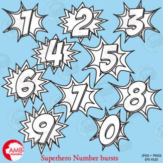 Number Stamps,  Superhero Number Stamps, Black line numbers, Numbers with bursts digital stamps, AMB-1342