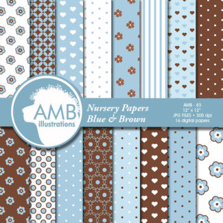 Nursery digital papers, Brown and blue papers, Polka Dot papers, floral papers, heart papers, Pastel papers, commercial use, AMB-836