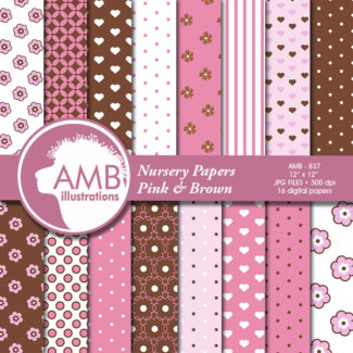 Nursery Digital Papers, Brown and Pink Papers, Polka Dot Papers, floral papers, Heart papers, Commercial Use, AMB-837
