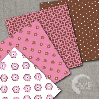 Nursery Digital Papers, Brown and Pink Papers, Polka Dot Papers, floral papers, Heart papers, Commercial Use, AMB-837