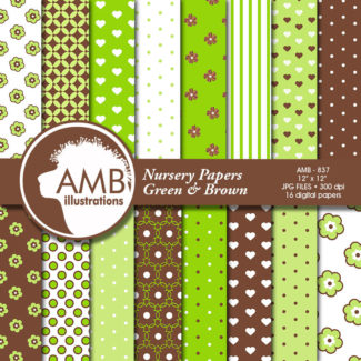 Nursery Digital Papers, Green and Brown papers, Polka Dot papers, Floral Papers, Heart Papers, Green Papers, Commercial Use, AMB-838