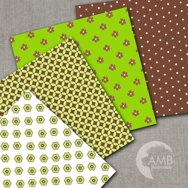 Nursery Digital Papers, Green and Brown papers, Polka Dot papers, Floral Papers, Heart Papers, Green Papers, Commercial Use, AMB-838