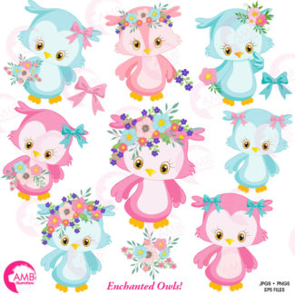 Owl clipart, Cute owl, Girl owl clipart, Owl clip art, Pink owl clipart, girlie owl icons, floral clipart, AMB-1392