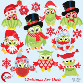 Owls Clipart, Christmas Clipart, Christmas Holiday Owls, Commercial Use, Instant Download, AMB-569