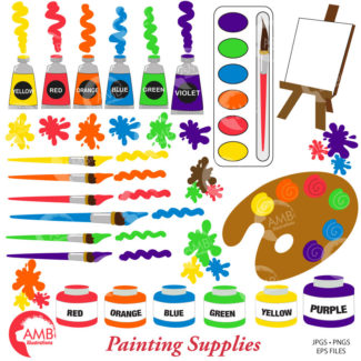 Painting supplies clipart,  paint brush clipart, paint blob clipart, paint jar clipart, paint tube clipart, instant download, AMB-317