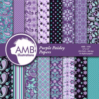 Paisley Digital Papers, Shabby Chic, Floral Digital Papers, Purple Paisley Floral Pattern, Scrapbook Paper, Commercial Use, AMB-1458