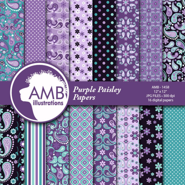 Paisley Digital Papers, Shabby Chic, Floral Digital Papers, Purple Paisley Floral Pattern, Scrapbook Paper, Commercial Use, AMB-1458