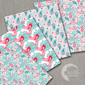 Paisley Digital Papers, Shabby Chic Pink and Teal Floral Papers, Paisley Floral Pattern, Scrapbook Paper, Commercial Use, AMB-1456