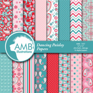 Paisley Digital Papers, Shabby Chic Pink and Teal Floral Papers, Paisley Floral Pattern, Scrapbook Paper, Commercial Use, AMB-1457