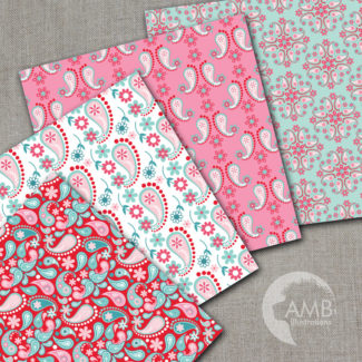 Paisley Digital Papers, Shabby Chic Pink and Teal Floral Papers, Paisley Floral Pattern, Scrapbook Paper, Commercial Use, AMB-1457