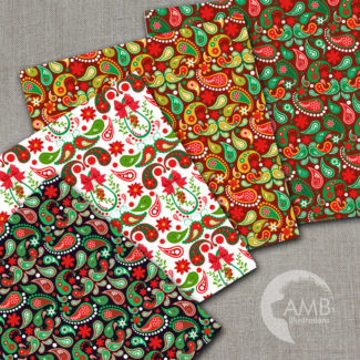 Paisley Digital Papers, Shabby Chic, Vintage Christmas Papers, Red and Green Floral Pattern Scrapbooking Papers, AMB-1462