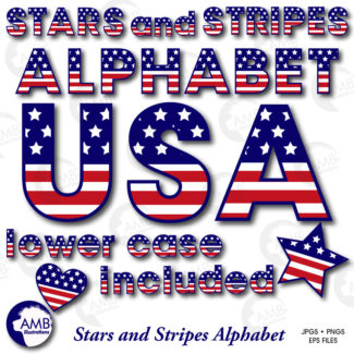 Patriotic Alphabet Clipart, USA, Red, White and Blue, 4th of July Clipart, Memorial Day, Stars and Stripes, commercial use, AMB-919