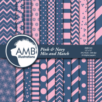 Pink and Navy Mixed Digital Papers, Mixed Patterned Papers, Scrapbooking Backgrounds, Commercial Use, AMB-543