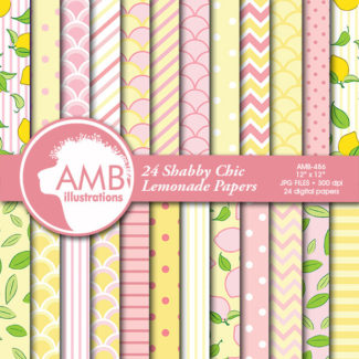 Pink lemonade digital paper, Pink Lemonade paper, Pink and yellow images, Lemonade stand scrapbook papers, commercial use, AMB-486