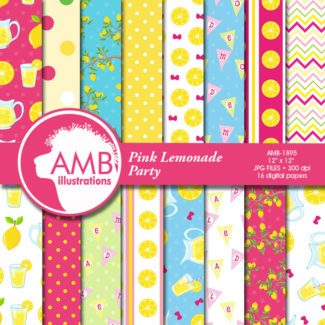 Pink lemonade digital paper, Pink Lemonade paper, Pink and yellow images, Lemonade stand scrapbook papers, commercial use, AMB-895