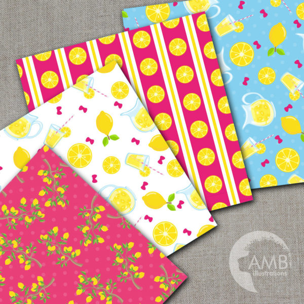 Pink lemonade digital paper, Pink Lemonade paper, Pink and yellow images, Lemonade stand scrapbook papers, commercial use, AMB-895