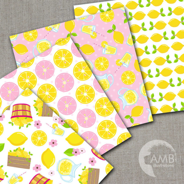Pink Lemonade Digital Papers, lemon paper, Lemonade paper, Picnic Paper, lemon scrapbook pages for your projects  AMB-1195