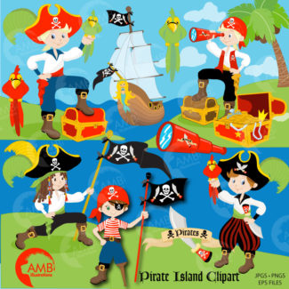Pirate clipart, Boy Pirate, Buccaneer, Treasure Island, Pirate Birthday Party, Pirate Ship, Treasure Chest, Commercial Use, AMB-173