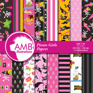 Pirate Girl Digital Papers, Pirates in Pink Papers, Pirate scrapbook papers, Treasure Chest, Commercial Use, AMB-1108