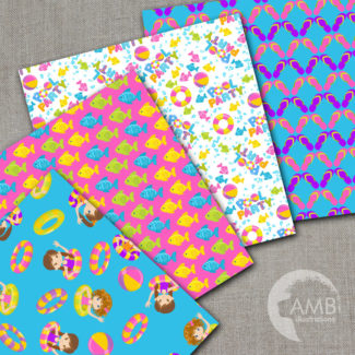 Pool Digital Papers, Summer papers,Pool Party scrapbook papers, commercial use, AMB-907