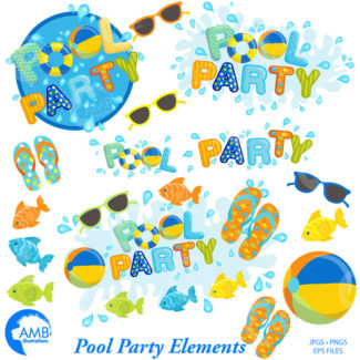 Pool Party Clipart, Titles and Embellishments,  Pool party Invitations for boys, Birthday Party Clipart, commercial use, AMB-1260