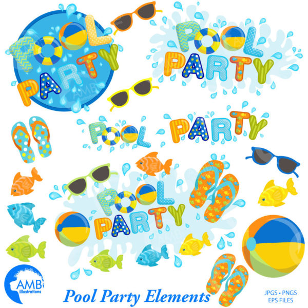 Pool Party Clipart, Titles and Embellishments,  Pool party Invitations for boys, Birthday Party Clipart, commercial use, AMB-1260