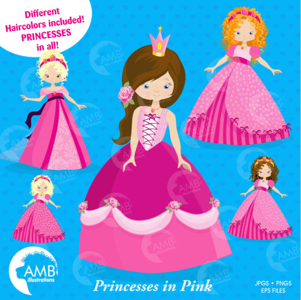 Princess Clipart, Fairy Princess in Pink, Fairy princesses as Blonds, Brunettes, Red Heads, Commercial Use, AMB-993