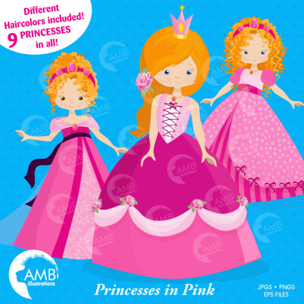 Princess Clipart, Fairy Princess in Pink, Fairy princesses as Blonds, Brunettes, Red Heads, Commercial Use, AMB-993