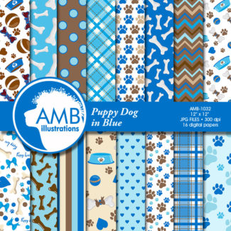 Puppy Dog Papers, Dog digital papers, Blue Dog Digital Backgrounds, Paws pattern papers, invites, card making and crafts, AMB-1032