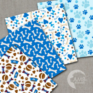 Puppy Dog Papers, Dog digital papers, Blue Dog Digital Backgrounds, Paws pattern papers, invites, card making and crafts, AMB-1032
