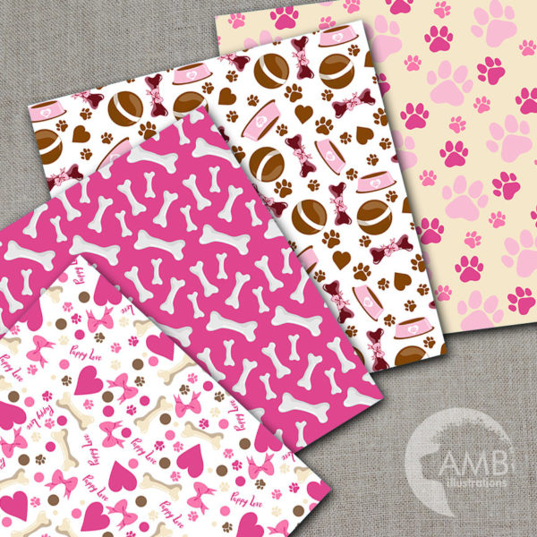 Puppy Dog Papers, Dog digital papers, Pink Puppy Papers, Paws pattern papers, invites, card making and crafts, AMB-1387