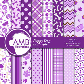 Puppy Dog Papers, Dog digital papers, Purple Dog Digital Backgrounds, Paws pattern papers, invites, card making and crafts, AMB-1068