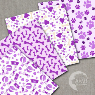 Puppy Dog Papers, Dog digital papers, Purple Dog Digital Backgrounds, Paws pattern papers, invites, card making and crafts, AMB-1068